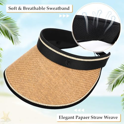 12 Pack Wide Brim Sun Visor Hats for Women UPF 50+ Foldable Straw Beach Hat UV Protection for Travel, Vacation - color: Khaki