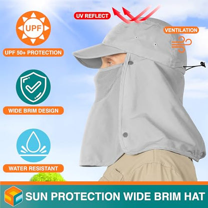 SUN CUBE Fishing Sun Hat with Neck Flap & Face Cover, Wide Brim UPF50+ Cap - color: Light Grey
