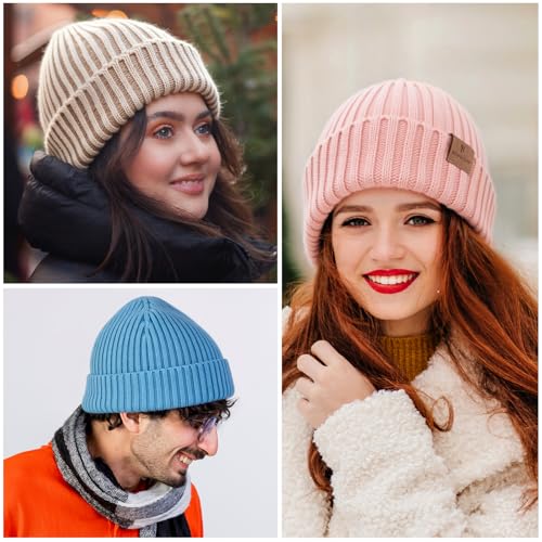 HONGTEYA 3 Pack Winter Beanie for Men Women, Thicken Thermal Plush Lined Beanie Fashion Warm Knit Hat for Cold Weather - color: Blue+camel+pink