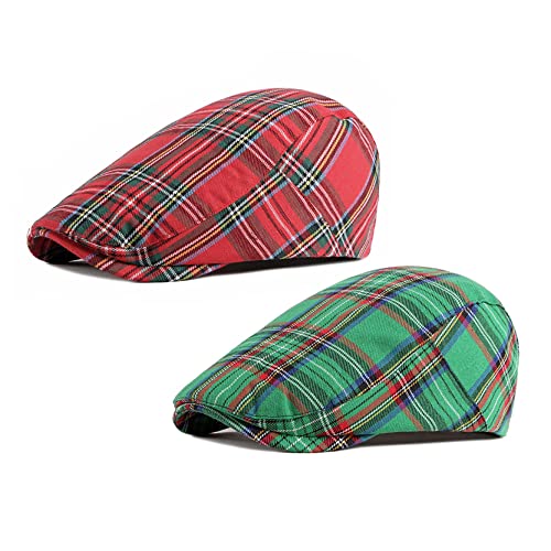 2 Pack Men's Plaid Cotton Flat Newsboy Ivy Cabbie Golf Gatsby Cap Hat - color: 666gr