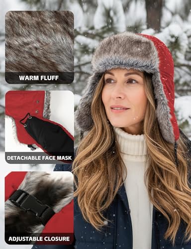 Buauty Fur Trapper Hat for Men Women Winter Windproof Soft Russian Ushanka Hats with Warm Ear Flaps & Removable Mask - color: Red