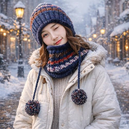 HUAMULAN Women Winter Knit Beanie Hat Circle Scarf Set Pompoms Ear Flaps - color: Navy