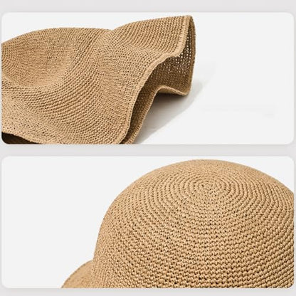 Women Straw Sun Hat Summer Beach Hats Foldable Floppy Cap Wide Brim Bucket Hat Solid Handmade Sun Protection Caps - color: Coffee