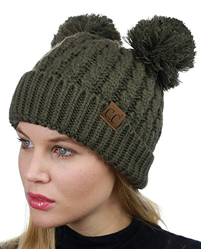 C.C 2 Ear Pom Pom Cable Knit Soft Stretch Cuff Skully Beanie Hat - color: Dark Olive