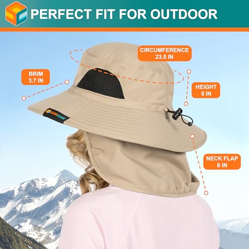 SUN CUBE Wide Brim Sun Hat for Men & Women, UPF 50+ UV Protection, Mesh Boonie Hat with Chin Strap, Fishing Hiking Hat - color: Tan With Flap