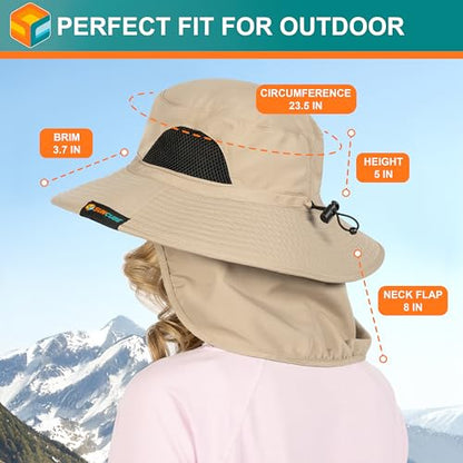 SUN CUBE Wide Brim Sun Hat for Men & Women, UPF 50+ UV Protection, Mesh Boonie Hat with Chin Strap, Fishing Hiking Hat - color: Tan With Flap