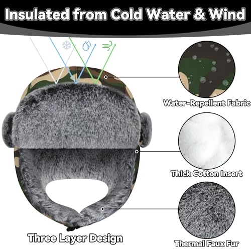 Olreco Waterproof Toddler Winter Hat Warm Fur Fleece Baby Boy Winter Hat Kids Snow Hats Girls Boys Trapper Hats with Earflaps - color: Waterproof Desert Camo With Grey Fur, size: 2-5T