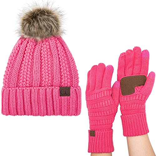 C.C Pom Cable Knit Beanie and Glove Set - color: Candy Pink