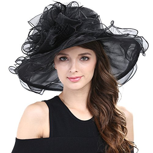 Janey&Rubbins Women's Feathers Floral Fascinating Wide Brim Lightweight Church Derby Hat - color: Black