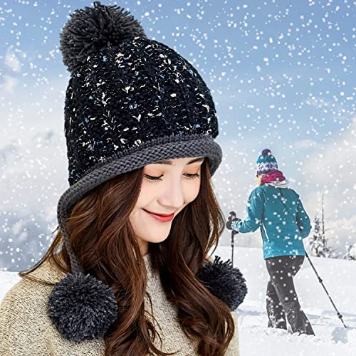 HUAMULAN Women Winter Sherpa Knit Beanie Hat Fleece Lined Ear Flaps - color: Black