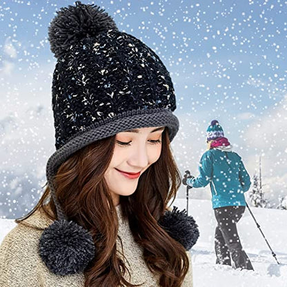 HUAMULAN Women Winter Sherpa Knit Beanie Hat Fleece Lined Ear Flaps - color: Black
