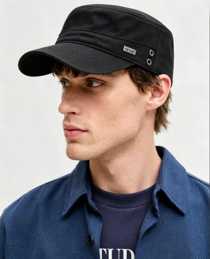 Unisex Flat Top Military Cadet Cap Outdoor Sun Hat - color: Square Label Black
