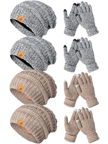 JaGely 8 Pieces Women Winter Hats and Gloves Set Women Warm Touchscreen Knitted Lined Gloves Winter Beanies - color: Mixed Khaki, Mixed Black White