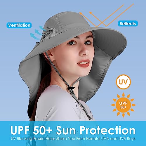 Womens Sun Hat UV Protection, Foldable Waterproof Wide Brim Bucket Hats with Neck Flap for Summer Beach Fishing Hiking - color: Drak Grey