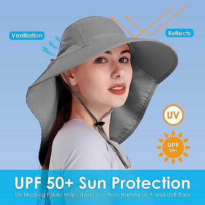 Womens Sun Hat UV Protection, Foldable Waterproof Wide Brim Bucket Hats with Neck Flap for Summer Beach Fishing Hiking - color: Drak Grey