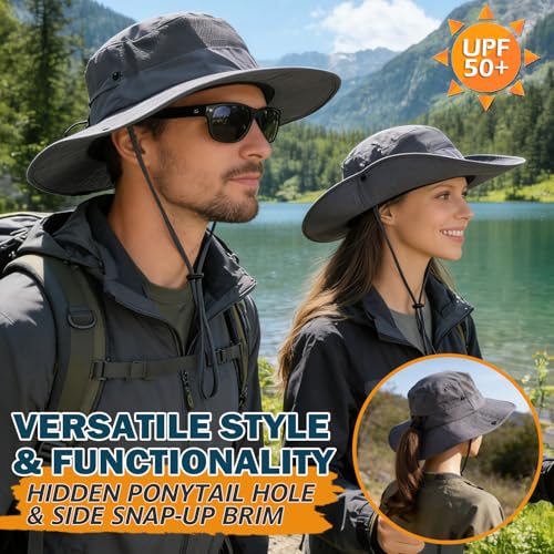 Cooling Sun Bucket Hat, UPF 50+ Wide Brim Boonie Hat with Ponytail Hole - color: 01 Dark Grey