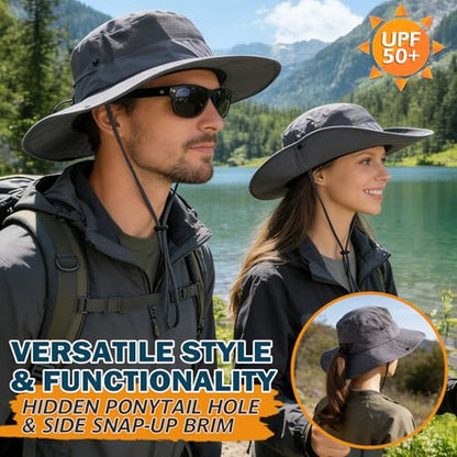 Cooling Sun Bucket Hat, UPF 50+ Wide Brim Boonie Hat with Ponytail Hole - color: 01 Dark Grey