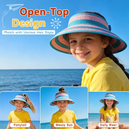 ZOORON Girls Straw Sun Visor Hat, Wide Brim Ponytail Beach Hat with Bow - color: Seablue+pink