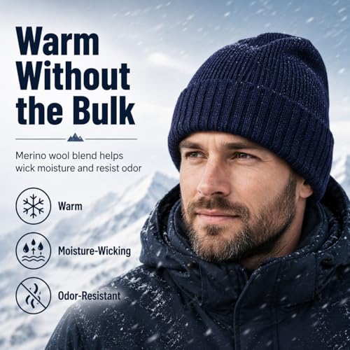 Men’s Plus Size M/L-XXL Merino Wool Beanie for Big Heads - color: Navy, size: Medium-Large