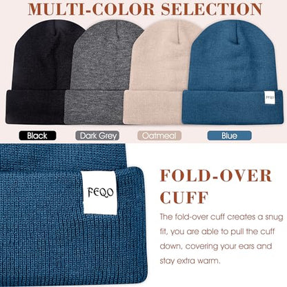 FEQO 4 Pack Satin Lined Winter Beanie Hats Soft Silk Lined Beanies - color: Oatmeal, Blue, Dark Gray, Black
