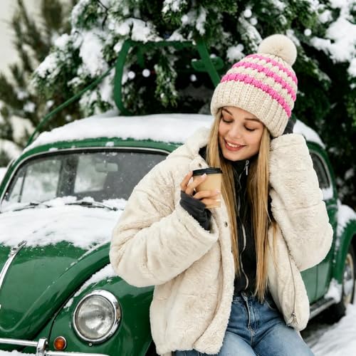 Winter Hats for Women Cable Knit Chunky Skull Cap Fleece Lined Thick Fold Cuff Beanie hat - color: Pink & Cream Beanie, style: Pineapple