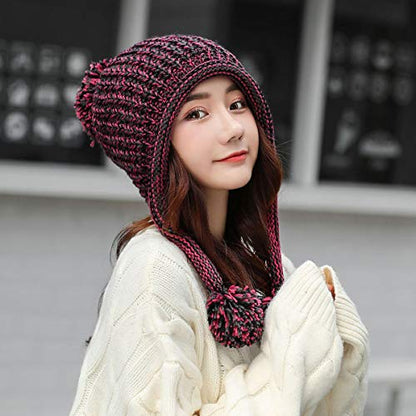 HUAMULAN Women Winter Sherpa Knit Beanie Hat Fleece Lined Ear Flaps - color: Rose Red