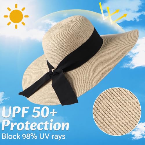Women's Straw Sun Hat UPF80 UV Protection Foldable Wide Brim Summer Hat Sweatband Adjustable Floppy Beach Hats for Women - color: Beige-foldable