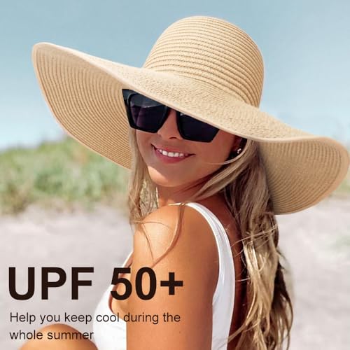 DRESHOW Big Straw Sun Hats for Women Floppy Foldable Roll up Beach Cap Sun Hat UPF 50+ Vacation Honeymoon Embroidered Hat - color: Medium Size: Beige / Brim 5.5" (Head Circumference 22-22.8")
