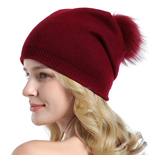 Women Knit Wool Beanie - Winter Fashion Solid Wool Hats Real Removable Raccoon Fur Pom Pom Warm Ski Beanie - color: 05- Purplish Red