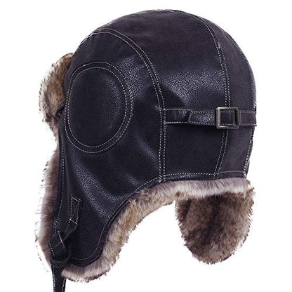 Janey&Rubbins Russian Hat Fur Soviet Ushanka Cossack Winter Cap Earflap Snow Ski Headwear - color: A - Black/Leather, size: Medium