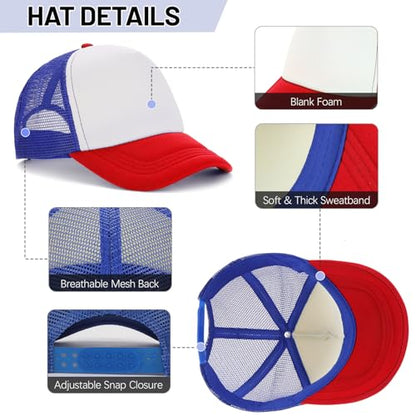Ultrafun 10 Pack Trucker Hat Mesh Sublimation Blank Hats Adjustable Baseball Caps Hats for Men Women - color: Red Blue White