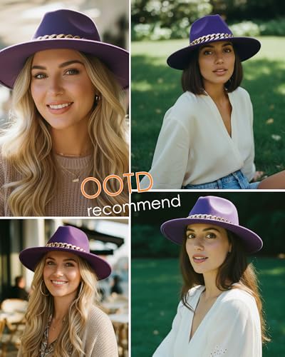 Men & Women Wide Brim Fedora Hat with Chain Buckle - color: Chain Belt-purple