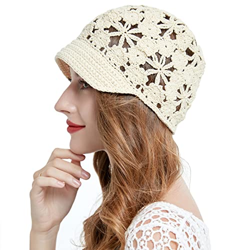 ZLYC Women Summer Slouchy Crochet Hat Handmade Cutout Skull Cap with Visor - color: Plain Beige, size: One Size
