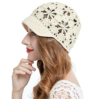 ZLYC Women Summer Slouchy Crochet Hat Handmade Cutout Skull Cap with Visor - color: Plain Beige, size: One Size