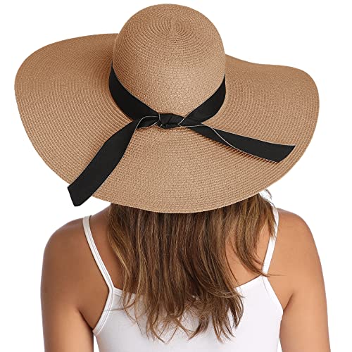 Lanzom Womens Wide Brim Straw Hat Big Floppy Foldable Roll up Cap Beach Sun Hat UPF 50+ - color: Bowknot-khaki