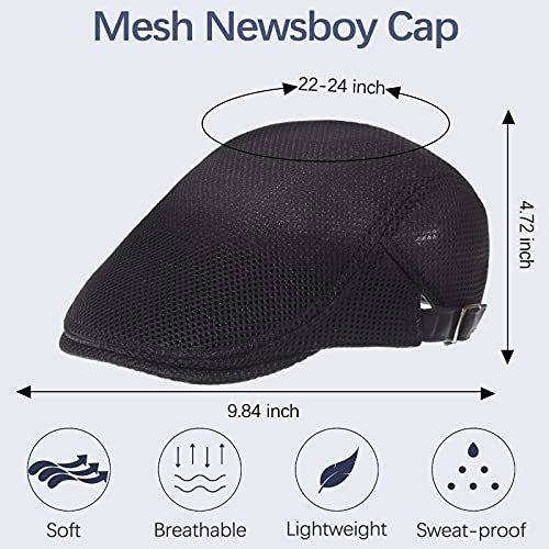 Geyoga 3 Pcs Mesh Newsboy Cap, Adjustable Mesh Cap - color: Coffee, Deep Gray, Black