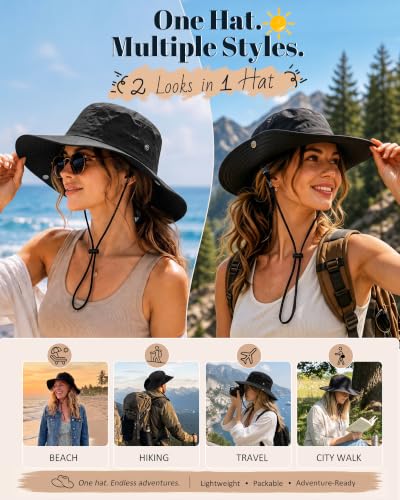 Wide Brim Waterproof Bucket Rain Hat for Women Men UPF50+ Cowboy Sun Hat - color: Black