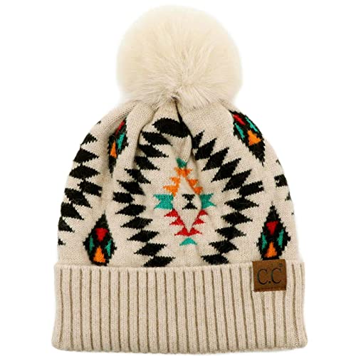 C.C Fur Pom Winter Fall Trendy Chunky Stretchy Cable Knit Beanie Hat - color: Aztec Beige