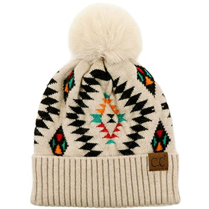 C.C Fur Pom Winter Fall Trendy Chunky Stretchy Cable Knit Beanie Hat - color: Aztec Beige