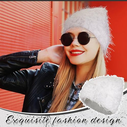 Chuarry Distressed Knitted Beanie Fuzzy Winter Hat - color: Assorted White