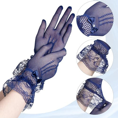 Fascinators Hats with Lace Gloves for Women Headband for Tea Party Wedding - color: Navy Blue