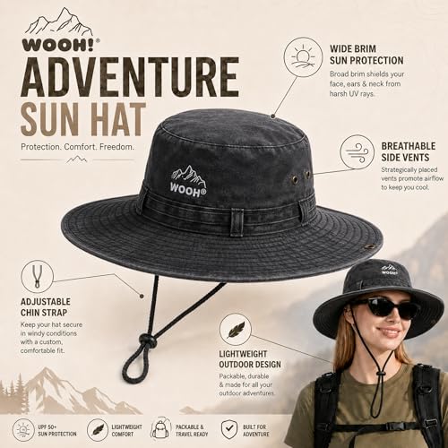 WOOH Sun Hats for Women,UPF80+ Wide Brim Summer Bucket Hat with Adjustable Drawstring,Packable Outdoor Hat for Beach Hiking - color: Black