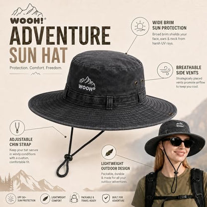 WOOH Sun Hats for Women,UPF80+ Wide Brim Summer Bucket Hat with Adjustable Drawstring,Packable Outdoor Hat for Beach Hiking - color: Black