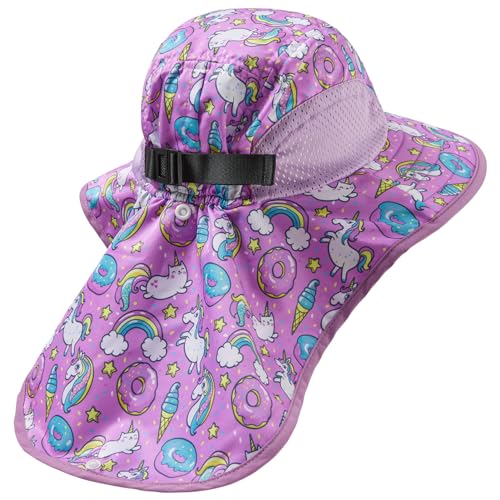 BASSDASH Kids UPF 50+ Wide Brim Sun Hat with Neck Flap Lightweight Cooling Performance Toddler Girls Boys Outdoor Play Hats - color: Purple/Unicorn, size: Medium