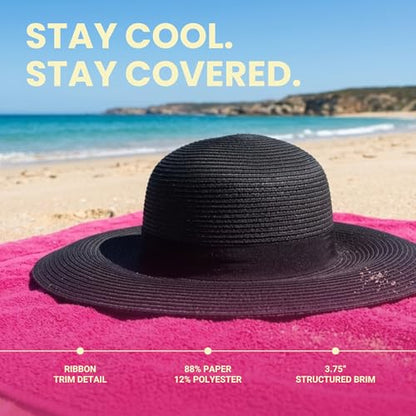 Funky Junque Wide Brim Panama Sun Hat, Womens Packable Straw - color: Ribbon Bow Trim - Black