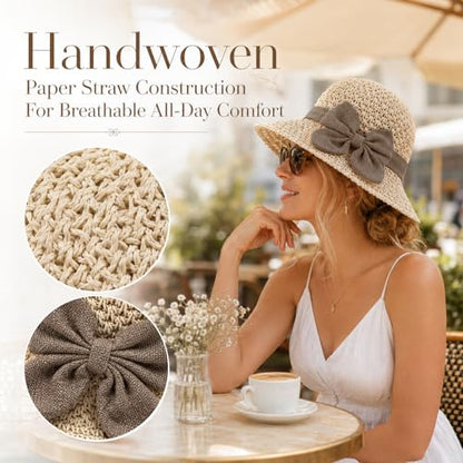 Straw Sun Hat for Women, Foldable Wide Brim Straw Bucket Hats with Adjustable Drawstring & Bow - color: Beige