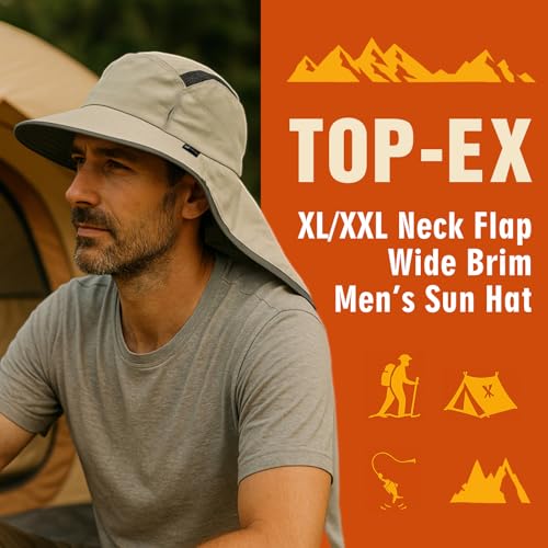 TOP-EX Wide Brim Sun Hat for Men Women with Neck Flap & Sunglass Lock - color: Light Grey, size: Medium-Large