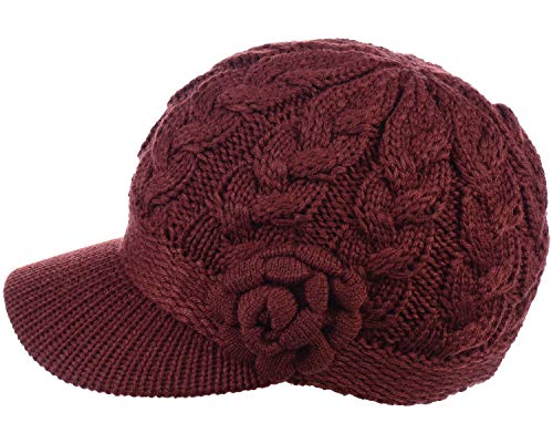 BYOS Womens Winter Chic Cable Warm Fleece Lined Crochet Knit Hat W/Visor Newsboy Cabbie Cap - color: Cable W/ Flower Wine
