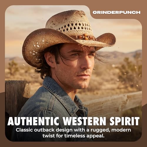 grinderPUNCH Straw Cowboy Hat for Men Women Western Cowgirl Outback Sun Hat - color: Biege