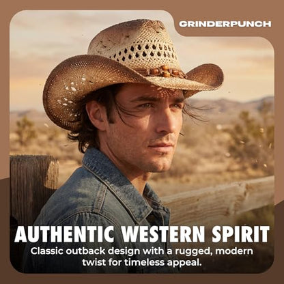 grinderPUNCH Straw Cowboy Hat for Men Women Western Cowgirl Outback Sun Hat - color: Biege